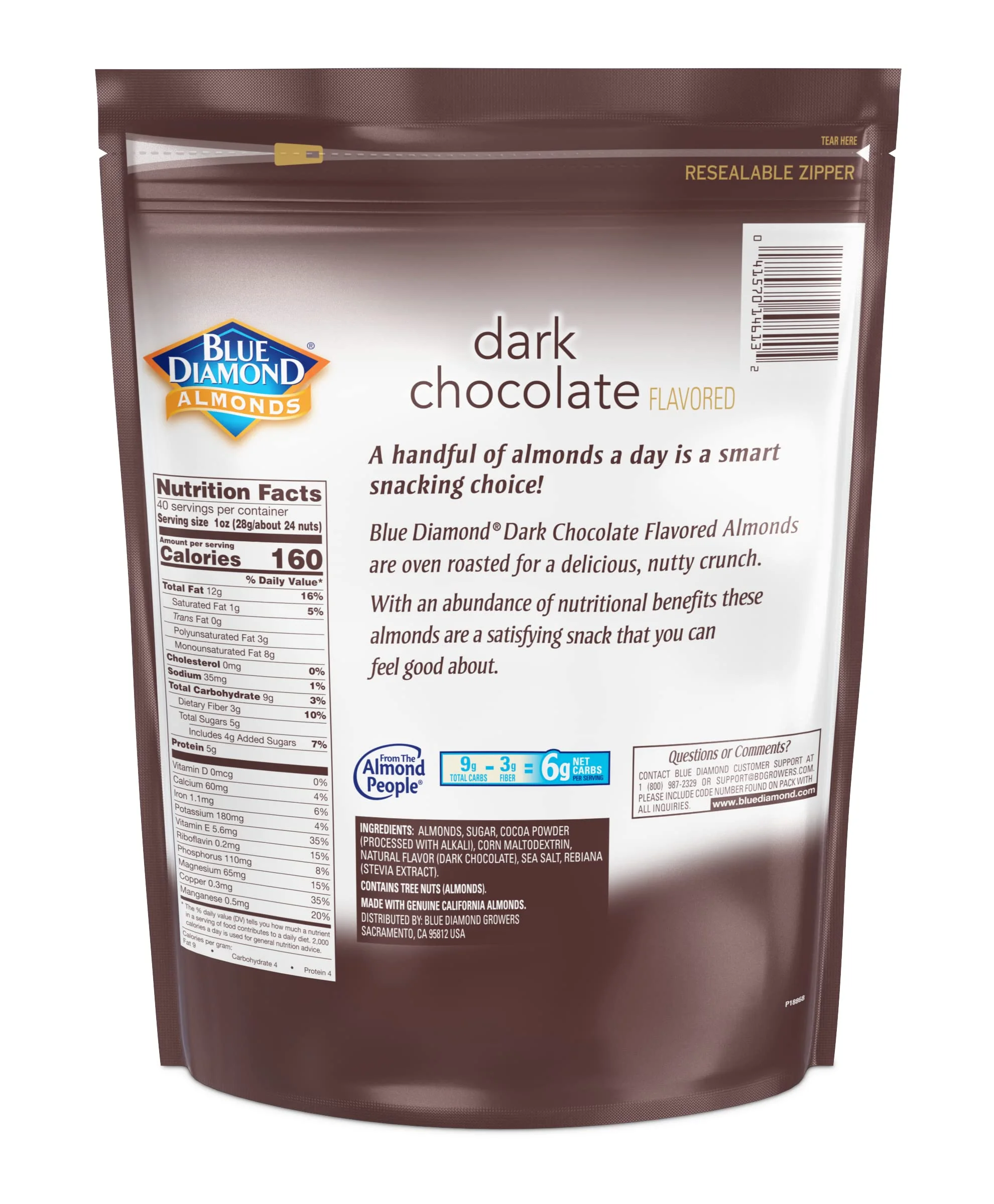 Indulge in the Irresistible Delights: Blue Diamond Dark Chocolate Almonds - 40Oz (Case of 6)