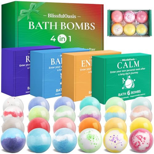 BlissfulOasis Bath Bombs Set, 24 Pcs Shower Bombs with 6 Refreshing Scents, Perfect for Moisturizing & Relaxing, Ideal for Birthday, Mother's Day, Valentine's Day Present Giving, Presents for Women