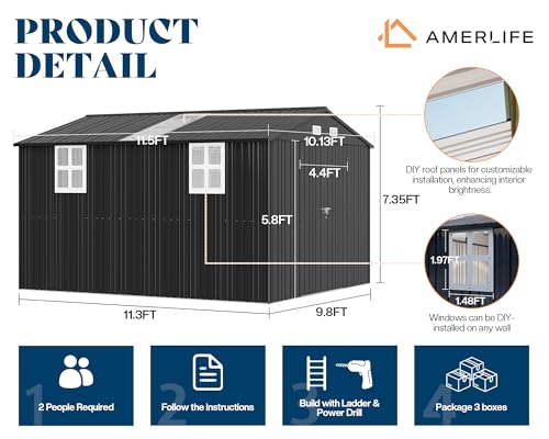 AMERLIFE 10.1x11.5x7.4 FT Galvanized Steel Storage Shed with Skylight Panels, 2 4-Pane Windows & Hinged Double Doors, Outdoor Shed for Backyard, Garden, Patio, Dark Grey
