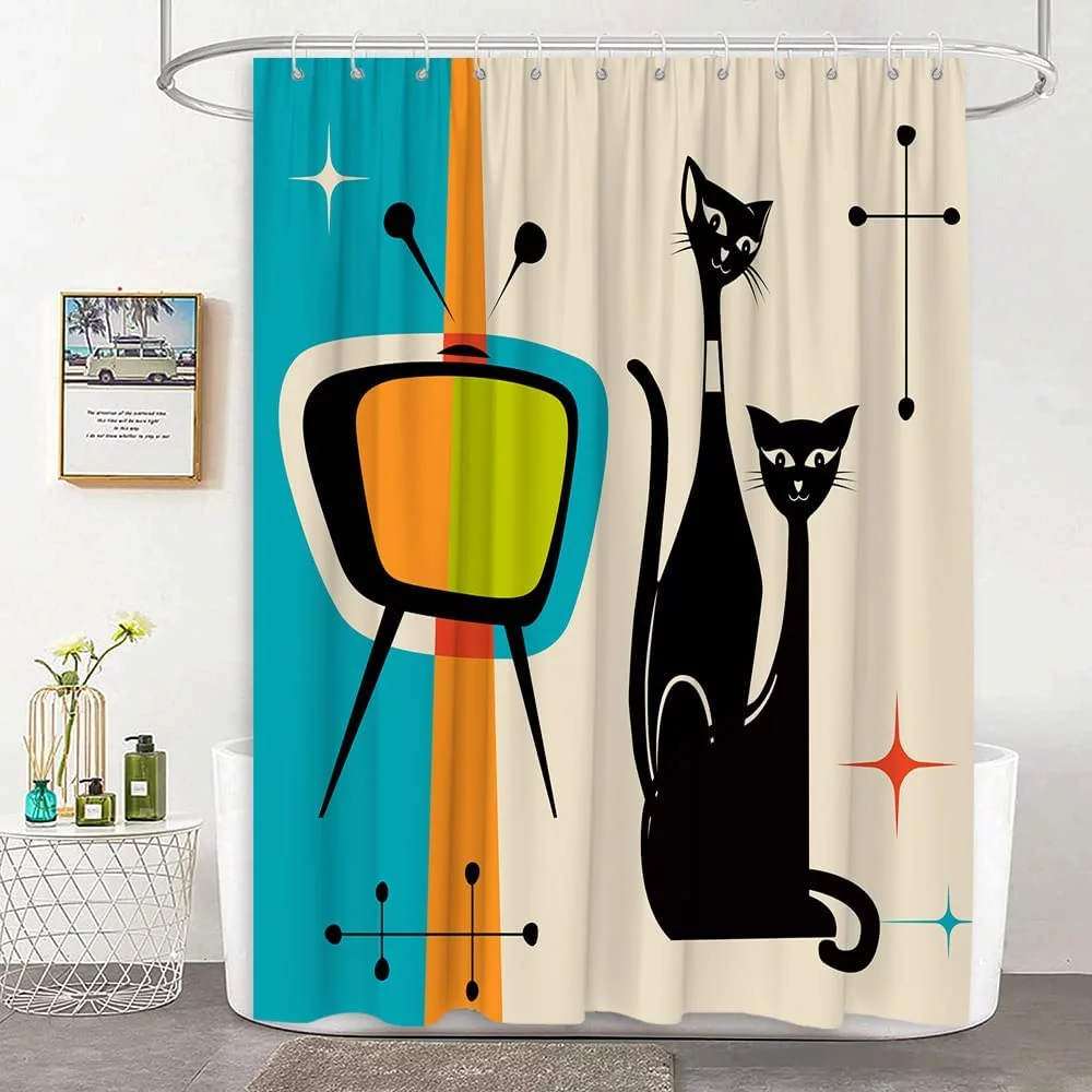 JOOCAR Mid Century Cat Shower Curtain Atomic Starbursts Modern Abstract Geometric Retro Black Kitty Animal Iconic Pattern Vintage Funny Teal Fabric Bathroom Decor with Hooks 72x72inch