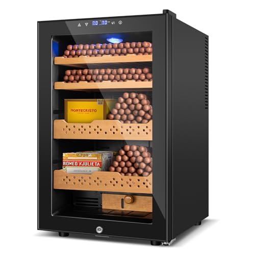 Electric Humidor, 70L 400 Counts Large Capacity,Thermostatic Cooling Humidor Cabinet with Smart Humidity & Temp Control, Spanish Cedar Wood Shelves, Safety Lock, Father's Day Gift for Men