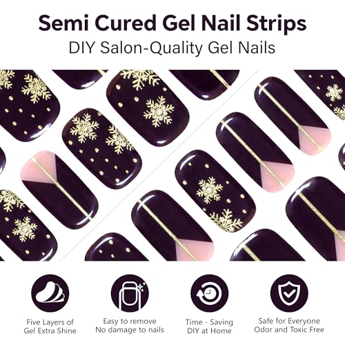Semi Cured Gel Nail Strips-Easy Apply Christmas Gel Nail Stickers Holiday Semi Cured Manicure Strips with Sparkling Xmas Designs (Classic Yule)