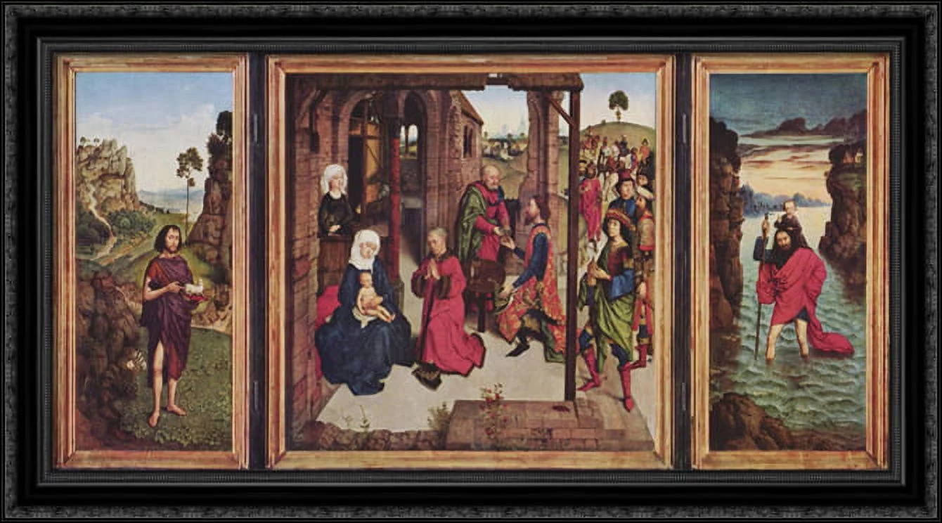 Triptych The Pearl of Brabant. Left wing St. John the Baptist, middle panel Adoration of the Magi, right wing St. Christopher 40x22 Large Black Ornate Wood Framed Canvas Art by Dirk Bouts