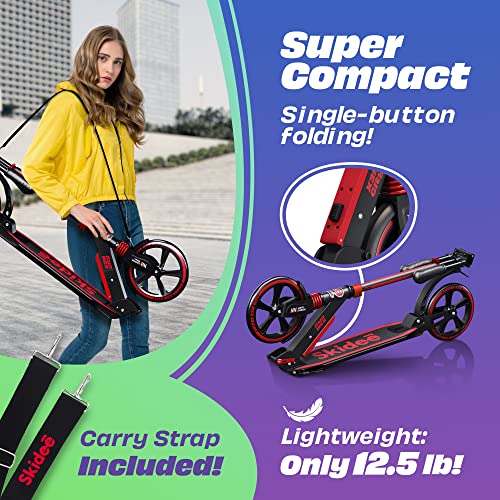 Skidee Adult & Teen Scooter Adjustable Height, Folding, Large Wheels, Lightweight, Durable, Anti-Shock Suspension, Up to 220 lbs