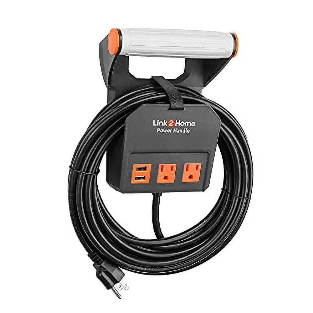 Link2Home Power Handle Extension Cord, 20 ft . 14AWG, 2 Outlets 15A