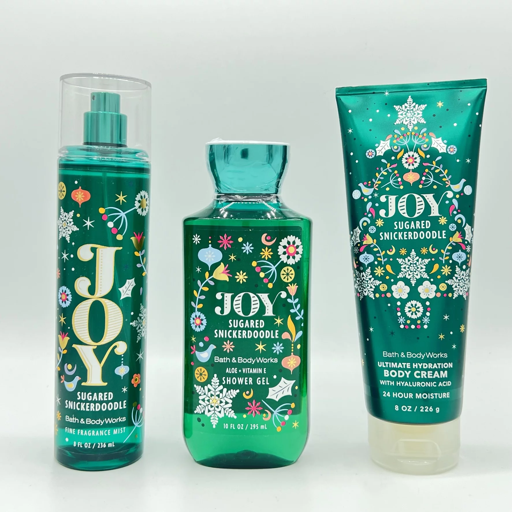 Bath and Body Works Sugared Snickerdoodle JOY Fine Fragrance Mist, Shower Gel and Body Cream 3-Piece Bundle
