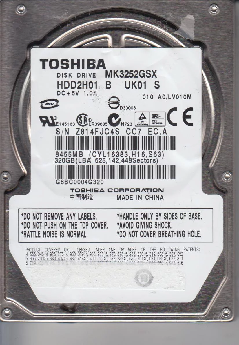 MK3252GSX, A0/LV010M, HDD2H01 B UK01 S, Toshiba 320GB SATA 2.5 Hard Drive