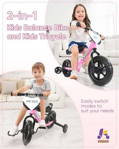 KRIDDO 2-in-1 Kids Tricycle and Toddler Balance Bike 2 Year Old, Detachable Pedals and Stowable Training Wheels, DIY Plate, Riding Trikes Toy for Ages 18 Months to 3 Years, Black