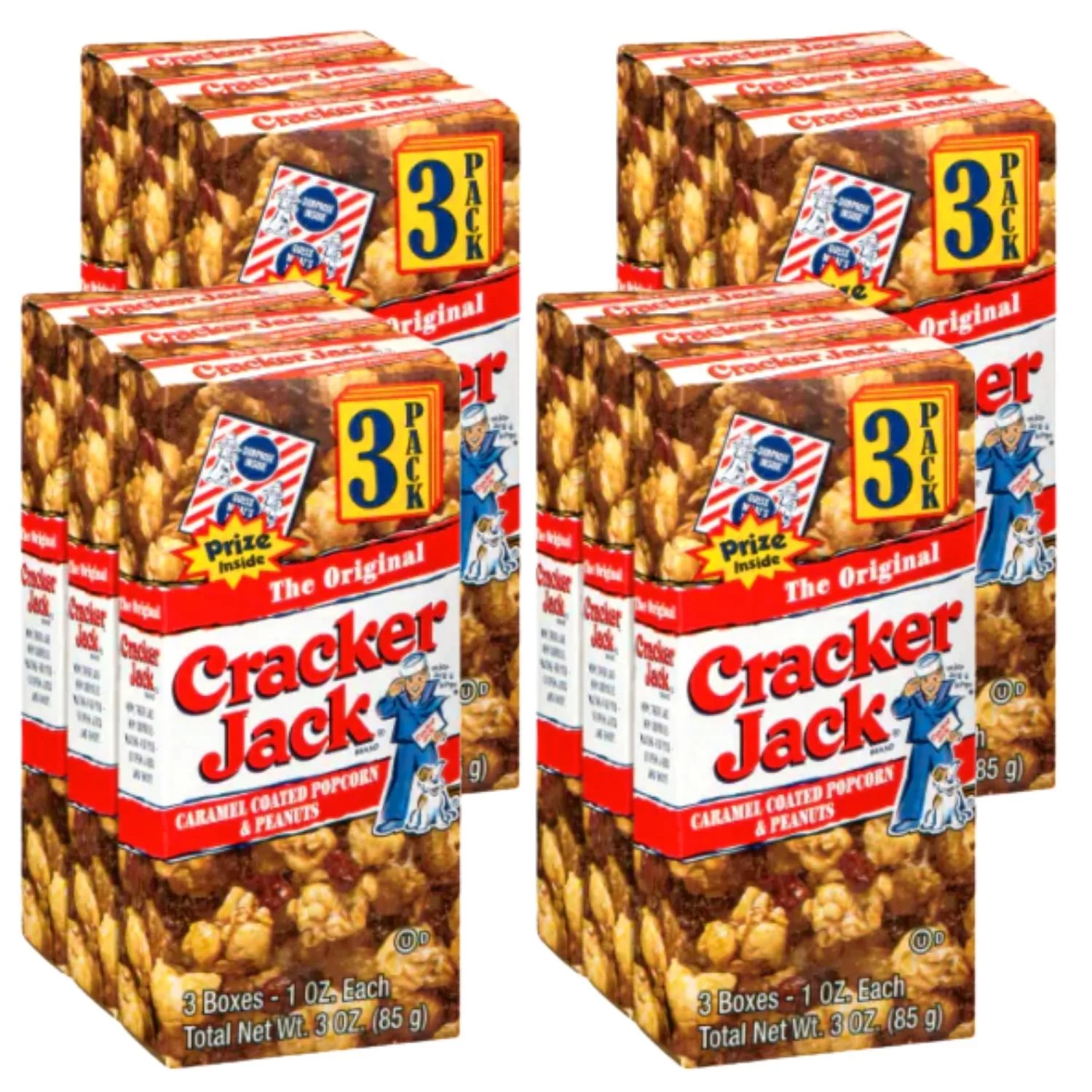 OT (12 Total Boxes) Cracker Jack Original 3-Pack, Caramel Popcorn with Peanuts 1oz. Boxes 100% Whole Grain Fluffy & Crunchy with Sweet Coating Kernel Corn Midnight Movie Nights Party Snack Set of 4-