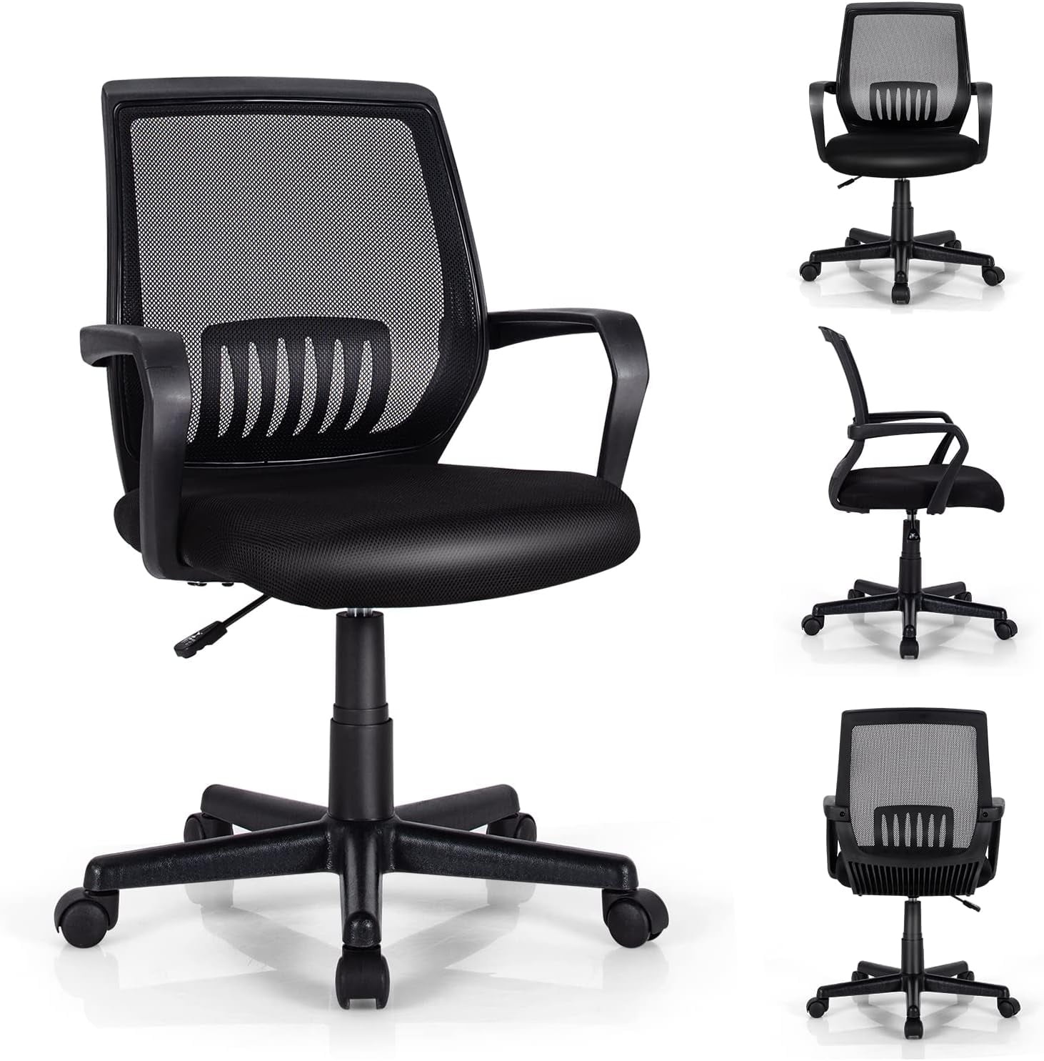 GRAFFY Office Desk Chair, 300 LBS Mesh Computer Chair w/Cushioned Seat, Executive Height Adjustable Rolling Chair, Mid Back Swivel Task Chair, Ergonomic Office Chair w/Lumbar Arm Support, Black