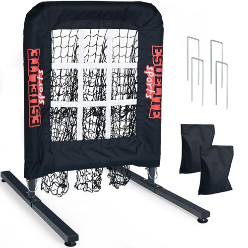 Heavy-Duty 9 Hole Pitching Net with Strike Zone, Baseball/Softball Pitching Target, Portable Height-Adjustable Pitcher Training Equipment, Includes 4 Ground Stakes and 2 Sandbags