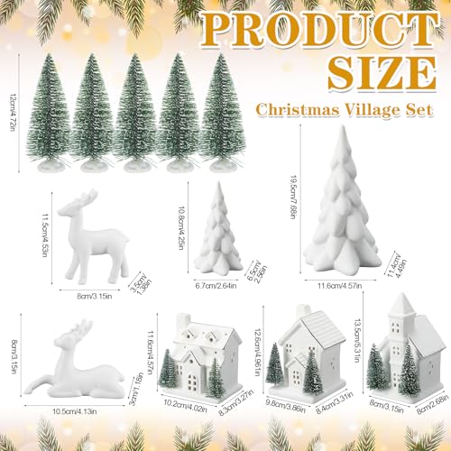 12 Pcs Ceramic Christmas Village Set, 3 White Village Houses with Lights 2 LED Ceramic Christmas Tree 2 Porcelain Reindeer Figurines 5 Sisal Tree for Xmas Winter Holiday Fireplace Tabletop Decor