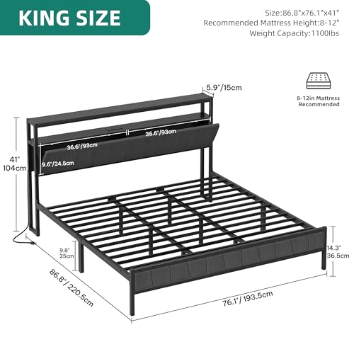 YITAHOME Queen Bed Frame with Storage Headboard, Upholstered LED Platform Bed with Charging Station, Heavy-Duty Metal Slats, No Box Spring Needed, Fast Assembly - Gray