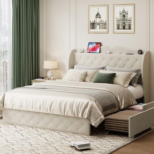 BedsPick Full Size Bed Frame with 4 Storage Drawers and Wingback Headboard, Velvet Upholstered Platform Bed Frame with Button Tufted and Charging Station,No Box Spring Needed,Noise Free
