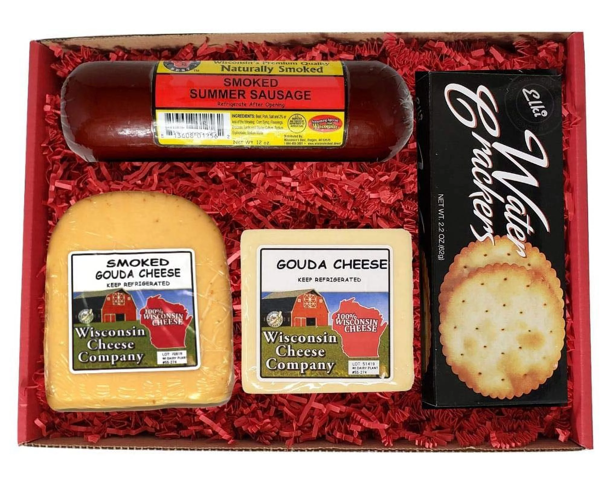 Wisconsin's Best and Wisconsin Cheese Company's -Wisconsin Specialty Gouda Cheese, Sausage & Cracker Gift Box (Pack of 4). Great Birthday Gift Baskets, Holiday Food Gifts, Charcuterie Gifts.