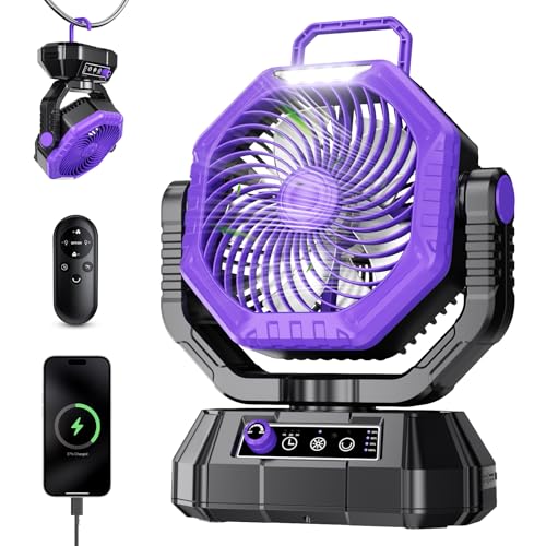 Portable Fan Rechargeable, 20000mAh Battery Powered Fan, LED Light, Remote Controller, Dual-Blade, 90°/270° Swing, 1-3H Timer, Battery Operated fan For Travel Tent Camping Bedroom Office Beach Fishing
