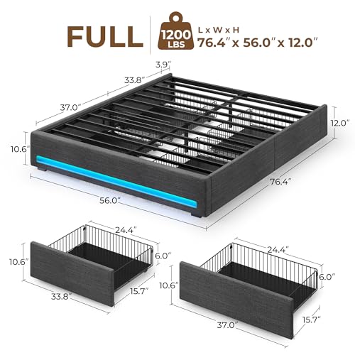 Rolanstar Twin Size Bed Frame with 4 Storage Drawers & Charging Station, Upholstered Platform Bed with LED Light, Heavy Metal Slats Support, No Box Spring Needed, Noise Free, Easy Assembly, Black