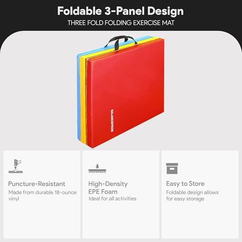 BalanceFrom Folding Gymnastics Mat, Thick Home Gym Floor Yoga Equipment, Blue - Portable Exercise and Workout Pad for Pilates, Aerobics, and Martial Arts Fitness Training