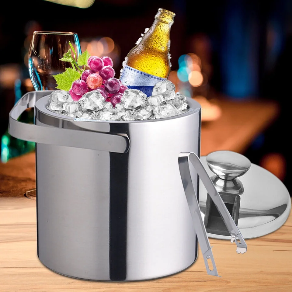 YIYIBYUS Stainless Steel Ice Bucket Double Wall Insulated Ice Bucket Champagne &Wine Bucket1.3L with Lid Strainer and Ice Tong
