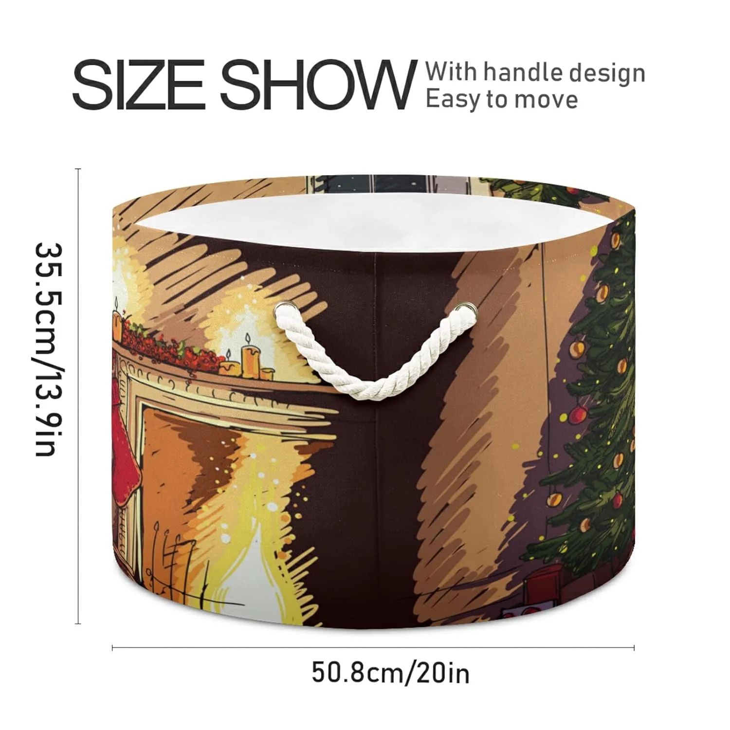 Wellsay Cozy Christmas Eve Scene in The Interior with A Fireplace Christmas Tree and Presents Storage Basket Gift Baskets Large Collapsible Laundry Hamper with Handle, 20x20x14 in