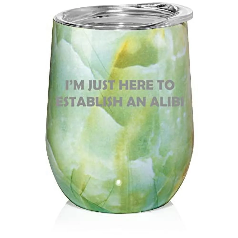 12 oz Double Wall Vacuum Insulated Stainless Steel Stemless Wine Tumbler Glass Coffee Travel Mug With Lid I'm Just Here To Establish An Alibi True Crime Funny (Turquoise Green Marble)