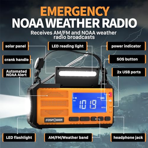 FosPower Emergency Weather Radio (Model A3) NOAA/AM/FM with 14800mWh Portable Power Bank, USB/Solar/Hand Crank Charging, Battery Operated, SOS Alarm & Flashlight for Indoor/Outdoor Emergencies