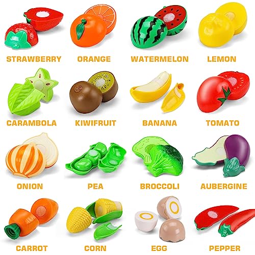 42 Items 87 Pcs Cutting Play Kitchen Set for Kids, Pretend Cooking Fruit &Vegetables&Fast Food with Storage Basket, Fake Food Toys for Toddler&Baby, Educational Gift for Girls Boys Children Birthday