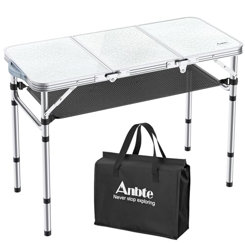 Folding Camping Table with Storage Net, 3ft Camping Table Aluminum Folding Table with 3 Adjustable Height Max 27.5 Inch Picnic Table Portable Table for Outdoor Backyard BBQ, Pure Black