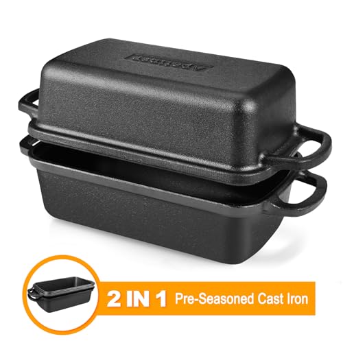 2 in 1 Cast Iron Bread Pan with Lid 9×5 Inch - Loaf Bakeware for Sourdough & Sandwich Bread - Pre-Seasoned Dutch Oven Style - Heavy Duty with Even Heating