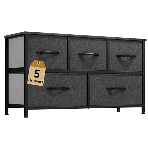 DWVO 5 Dresser for Bedroom, TV Stand, Fabric Tower with 5 Drawers, Black Dresser & Chest of Drawers