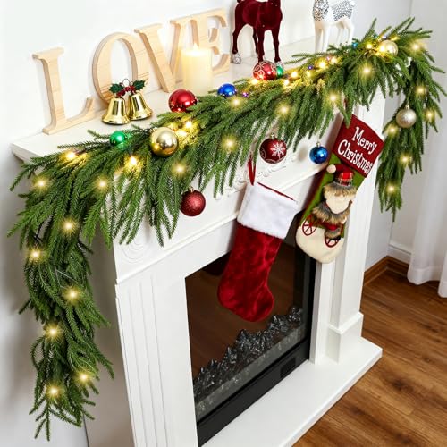 Christmas Garland with Lights for Mantle Prelit - INCIKITI 9FT Norfolk Pine Garland Prelit Garlands for Decoration Christmas, Battery Operated Christmas Garland with Lights for Stairs Railing Table
