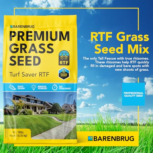 Barenbrug Turf Saver RTF Grass Seed with Yellow Jacket Seed Coating - Less Water Self-Repairing Tall Fescue Turf for Use on Sports Field, Golf Courses, Parks, Lawns, and Yard (10 LB Bag)