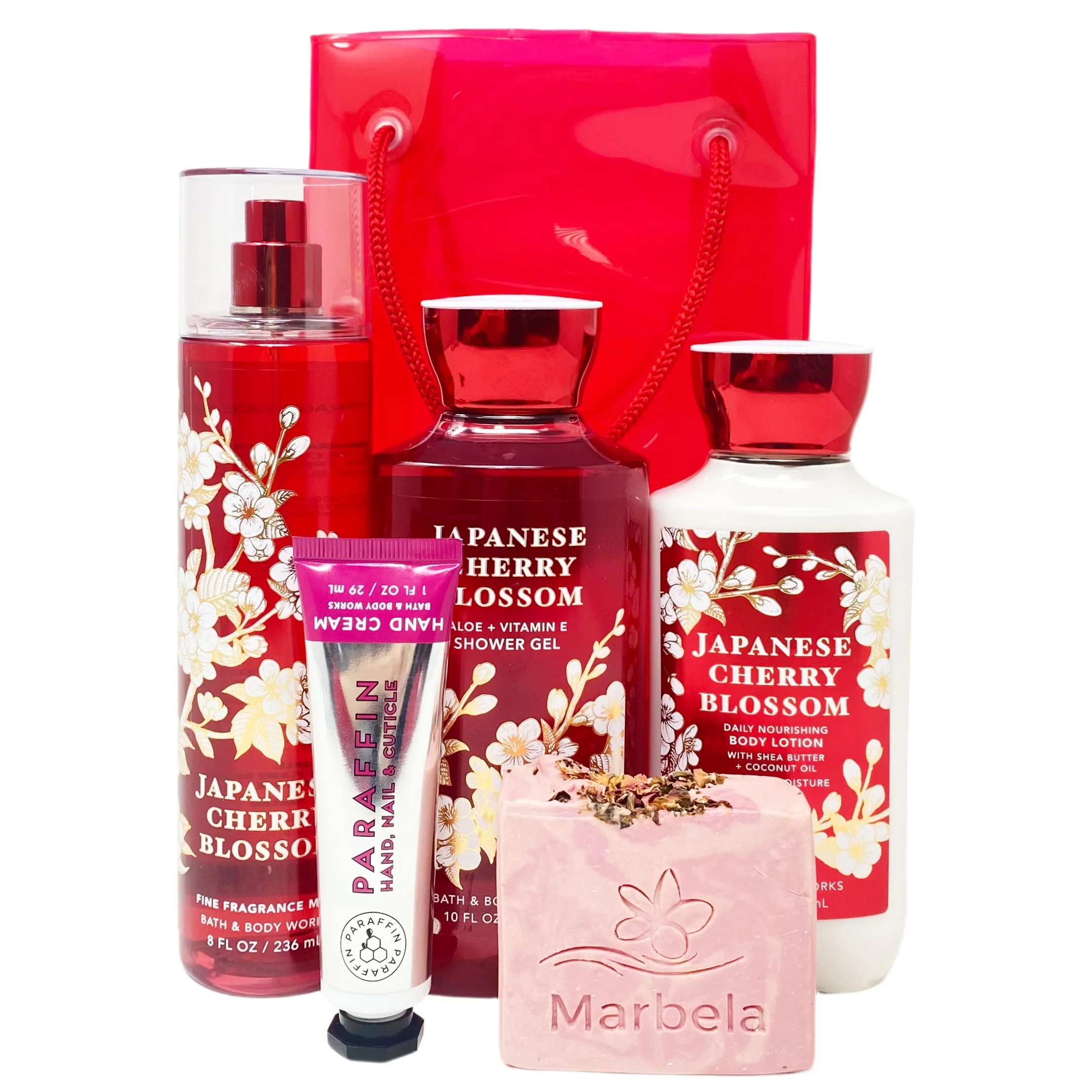 Bath and Body Works Japanese Cherry Blossom with Marbela Roses Soap Gift Set Bag - Fragrance Mist - Body Lotion - Shower Gel - Paraffin Hand Cream and Roses Artisan Marbela Handmade Soap