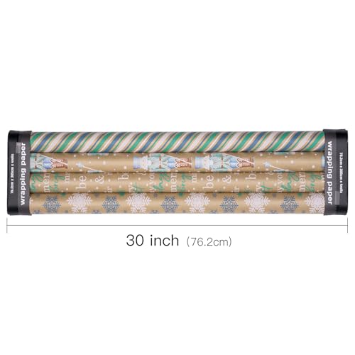 RUSPEPA Christmas Kraft Wrapping Paper - Owl, Reindeer, Christmas Ball and Text Design - 4 Rolls - 30 inches x 10 feet per Roll