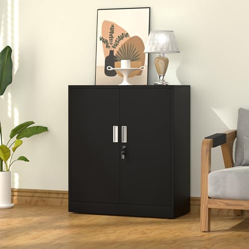 Metal Storage Cabinet with Locking Doors and 2 Adjustable Shelves, Small Lockable Steel Storage Cabinets for Home Office Garage Kitchen Pantry (Black)