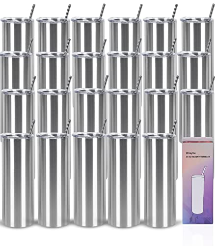 20 Oz Stainless Steel Straight Skinny Tumbler Set (8 Pack), Insulated Slim Thin Travel Cup with Lid, Black