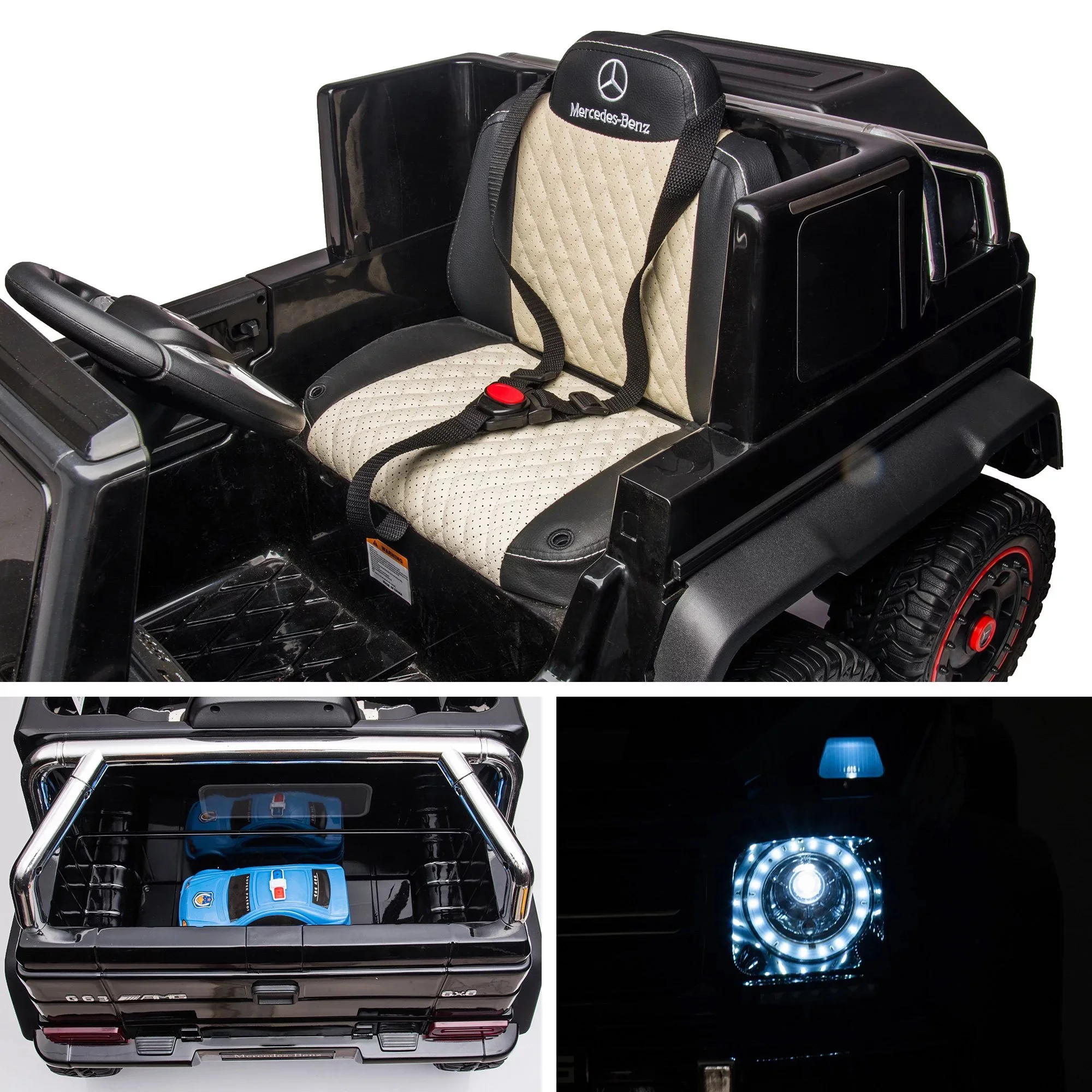 Track 7 24V Ride on Car, Licensed Mercedes Benz G63 24V Electric Car with Remote Control, Music, Bluetooth, Leather Seat, 6 Wheels Kids Ride on Truck, Black