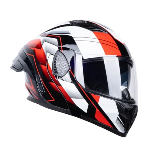 Full Face Modular Motorcycle Helmets Dual Visor Flip up DOT Approved Racing Street Bike Motocross Helmet for Adults (Black/Red White, Medium)