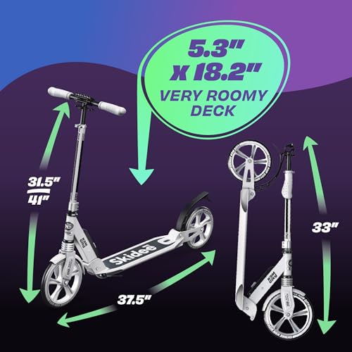 Skidee Adult & Teen Scooter Adjustable Height, Folding, Large Wheels, Lightweight, Durable, Anti-Shock Suspension, Up to 220 lbs