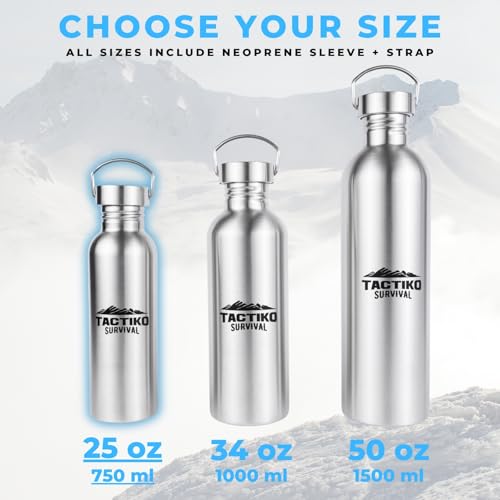 Tactiko 50 oz/1500ml Stainless Steel Water Bottle with Sleeve and Strap – Leakproof, Lightweight, Boil-Safe, BPA-Free, Wide Mouth – Survival, Hiking, Camping, Travel