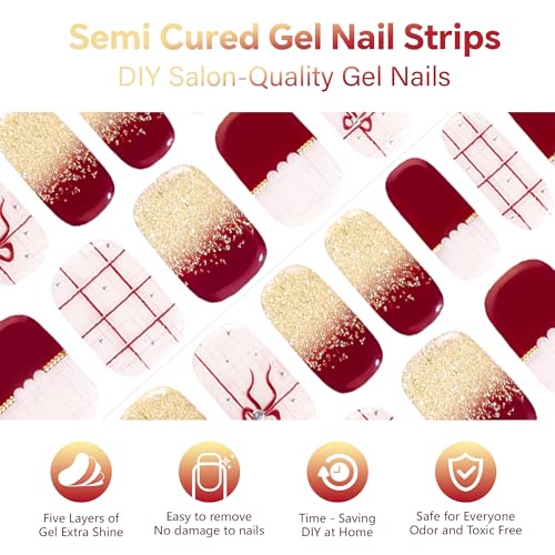 Semi Cured Gel Nail Strips-Easy Apply Christmas Gel Nail Stickers Holiday Semi Cured Manicure Strips with Sparkling Xmas Designs (Classic Yule)