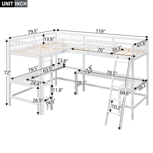 L-Shaped Loft Bed, Wood Twin Size Loft Bed with Desk, L Shaped Beds with Ladder & 2 L-Shaped Desks, Corner Twin Beds for Teens, Adults, Double Bedframe, No Box Spring Needed, White