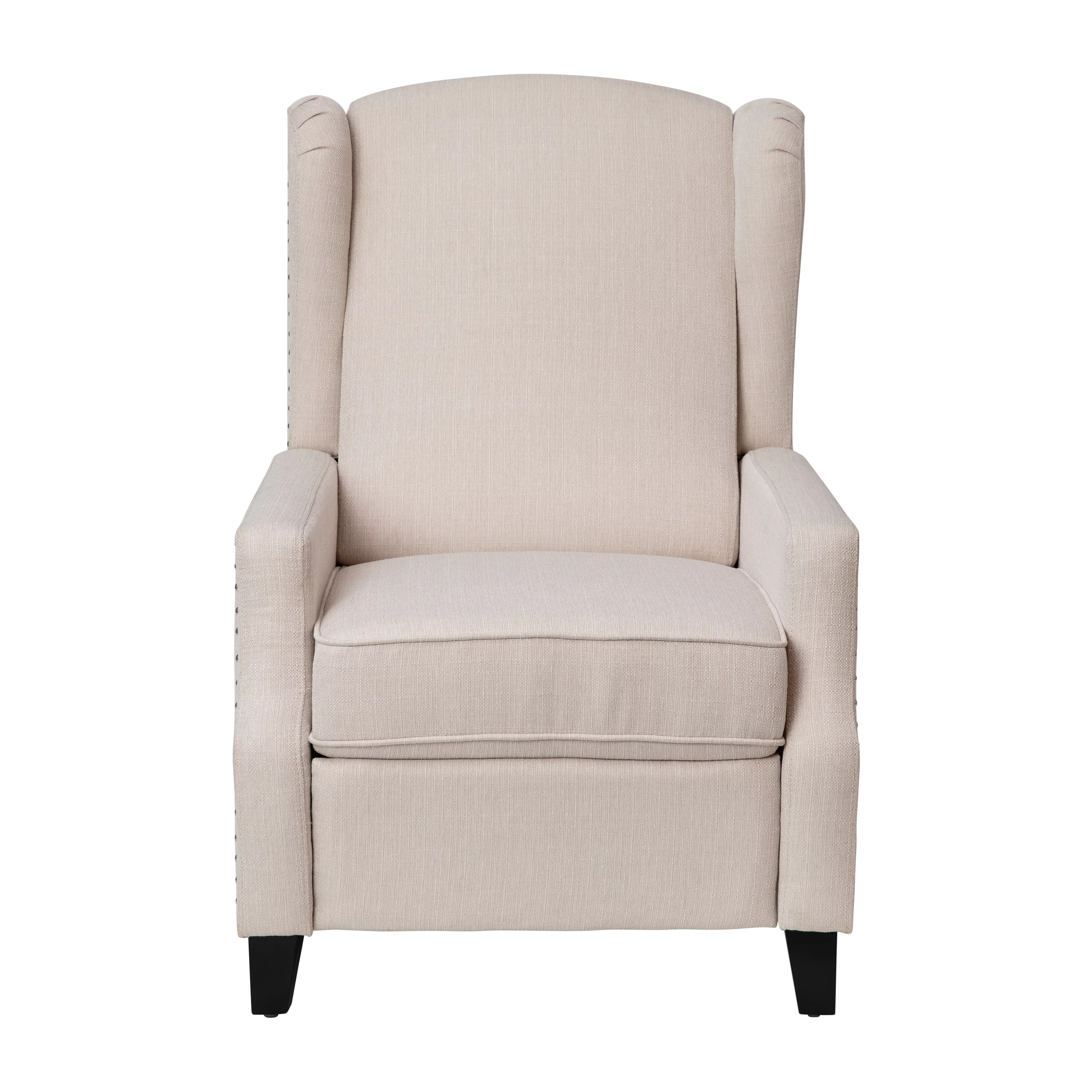 BizChair Traditional Style Slim Push Back Recliner Chair-Wingback Recliner with Cream Fabric Upholstery-Accent Nail Trim