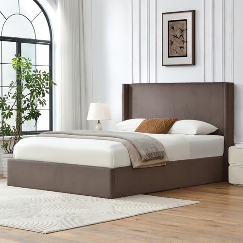 VELOCAVA Queen Size Lift-Up Storage Bed, Modern Upholstered Corduroy White Bed with Wingback Headboard, Gas Lift Platform, Sturdy Wooden Slat Support, No Box Spring Needed, Easy Assembly