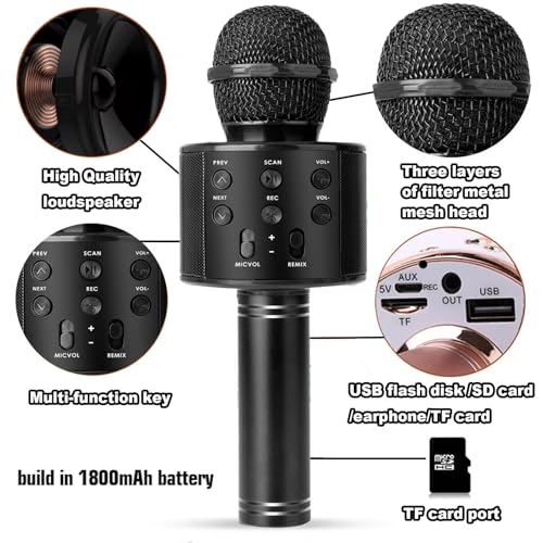 Wireless Bluetooth Karaoke Microphone Portable Handheld Mic Speaker 3-in-1 for All Smartphones Gifts Black