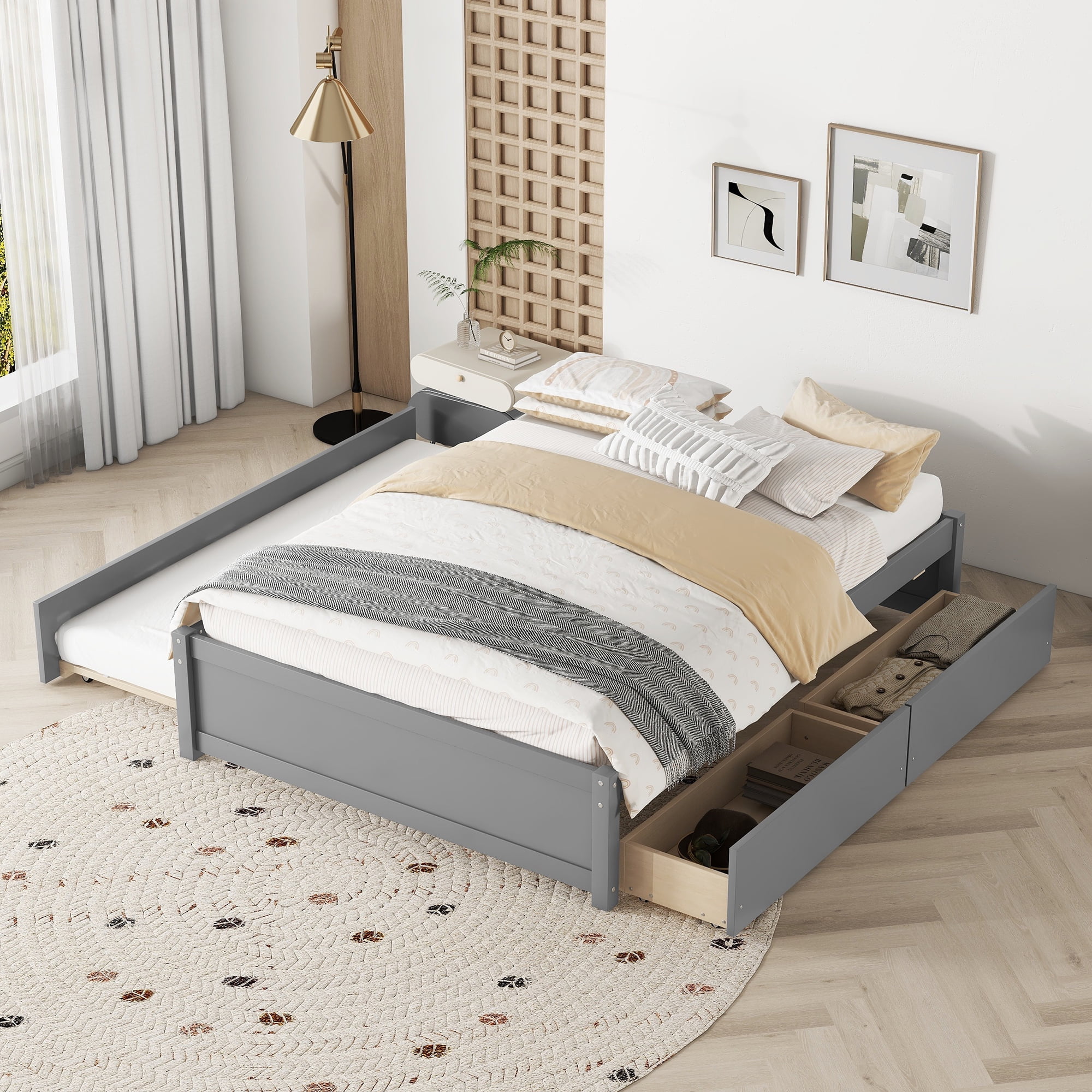 BTMWAY Upholstered Platform Bed, Queen Bed Frame with Flower Pattern Headboard and Wooden Slats, No Box Spring Needed, Modern Queen Size Upholstered Platform Bed Frame for Adults, Beige