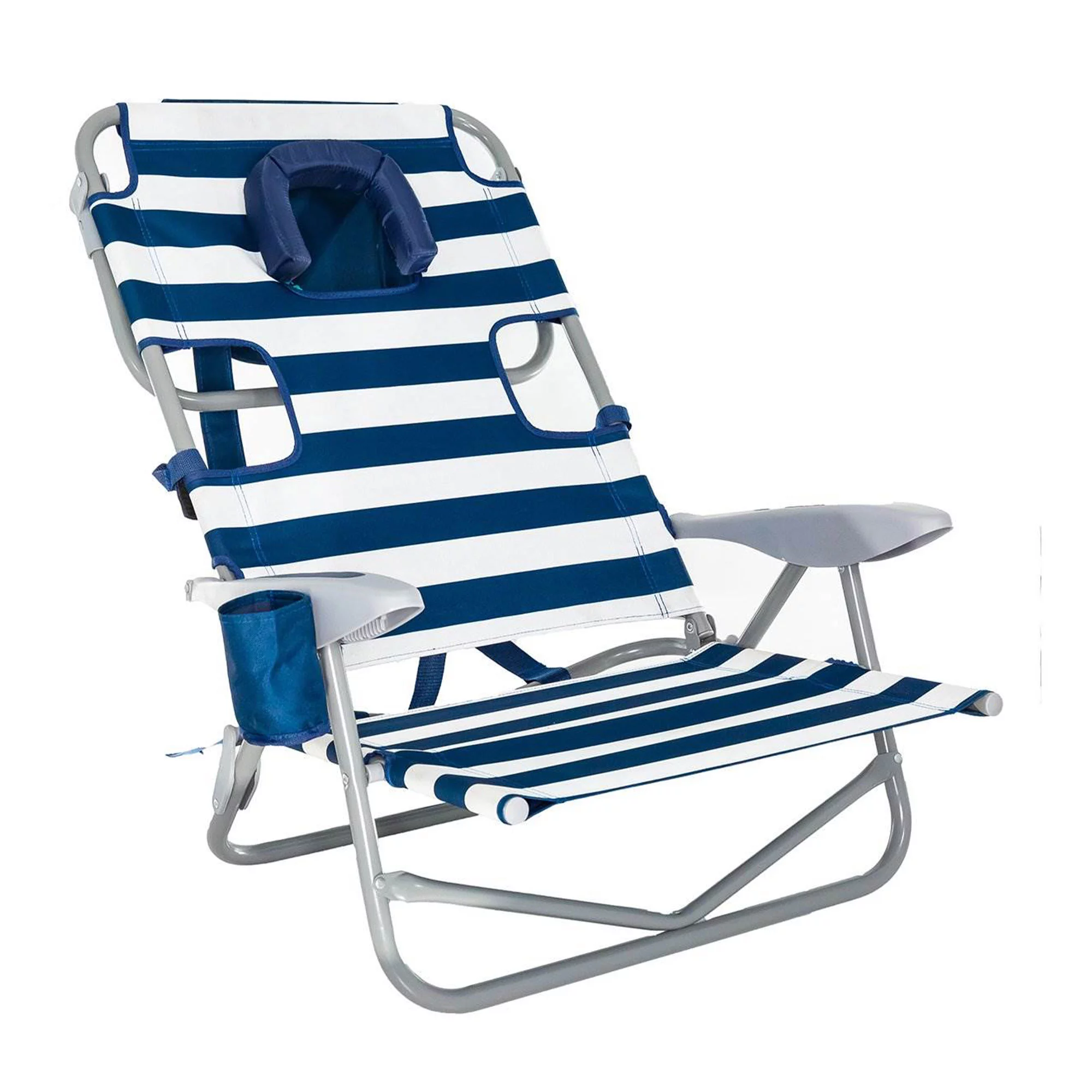Ostrich 3N1 Reclining Beach Chair & On-Your-Back Beach Chair, Striped Blue