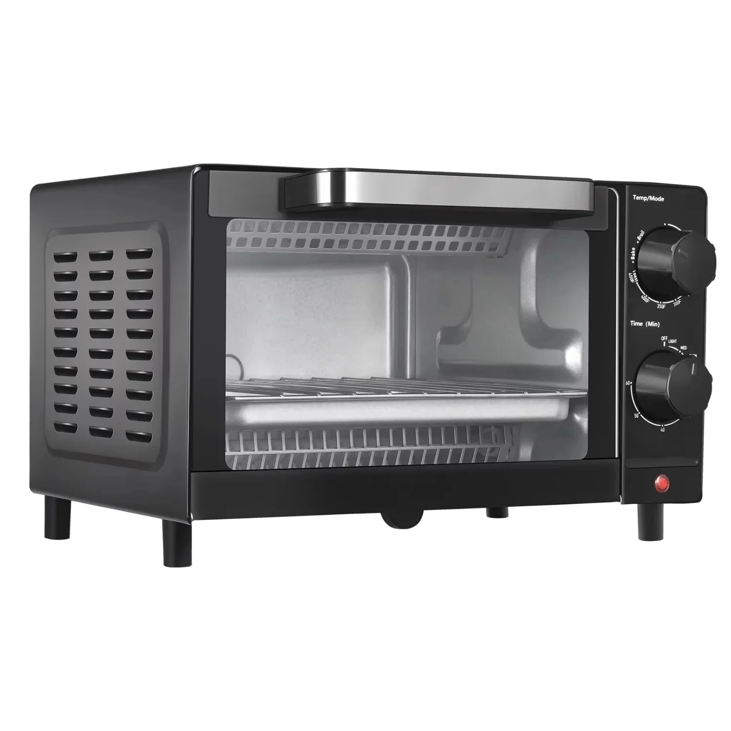 Versatile 4-Slice Toaster Oven: 3 Settings, Baking Rack, and Pan in Sleek Black Design