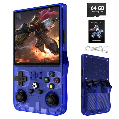 R36MAX Retro Handheld Game Console, 4.0 Inch IPS Screen Mini Retro Video Console, 64GB Memory, Portable Arcade Video Gaming Console Gift for Adults, Blue