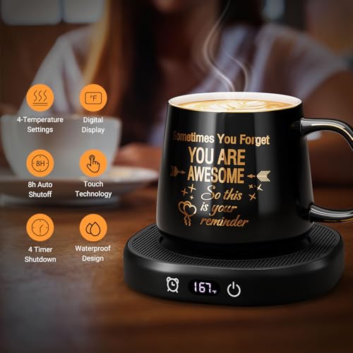 Coffee Mug Warmer & You are Awesome Mug Set, Electric Cup Warmer for Desk, Beverage Warmer with 3 Temperature Setting, 8-Hours Auto Shut Off
